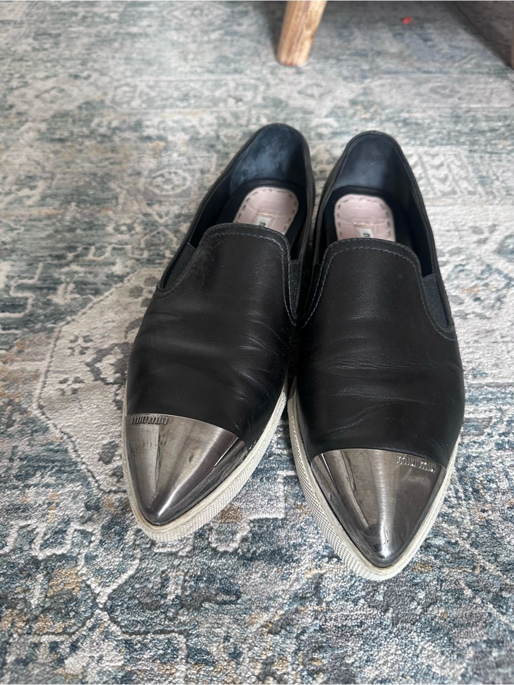 Miu Miu Black Leather Slip-On Flats with Silver Pointed Caps